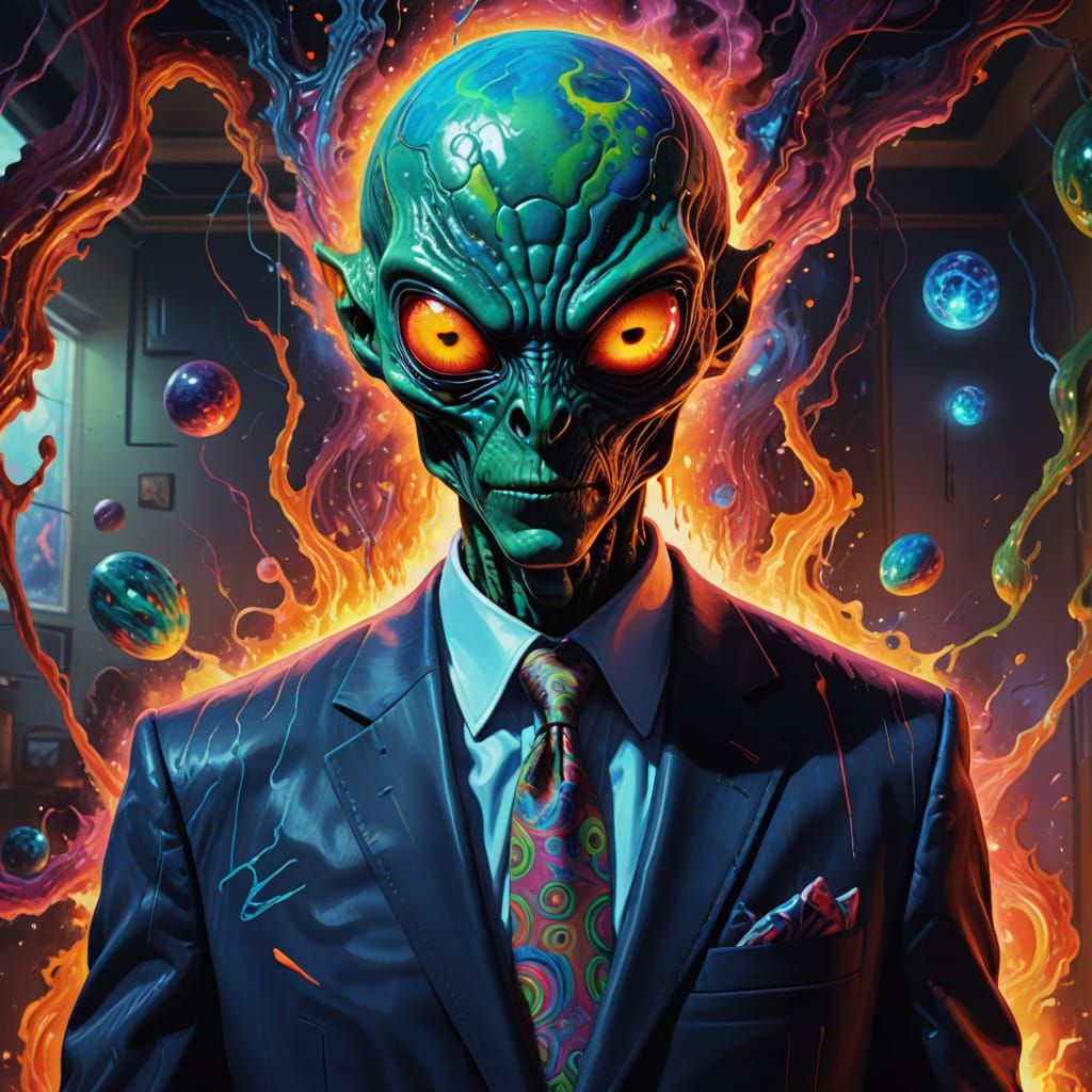 Surreal Alien in Suit: Vibrant Oil Painting