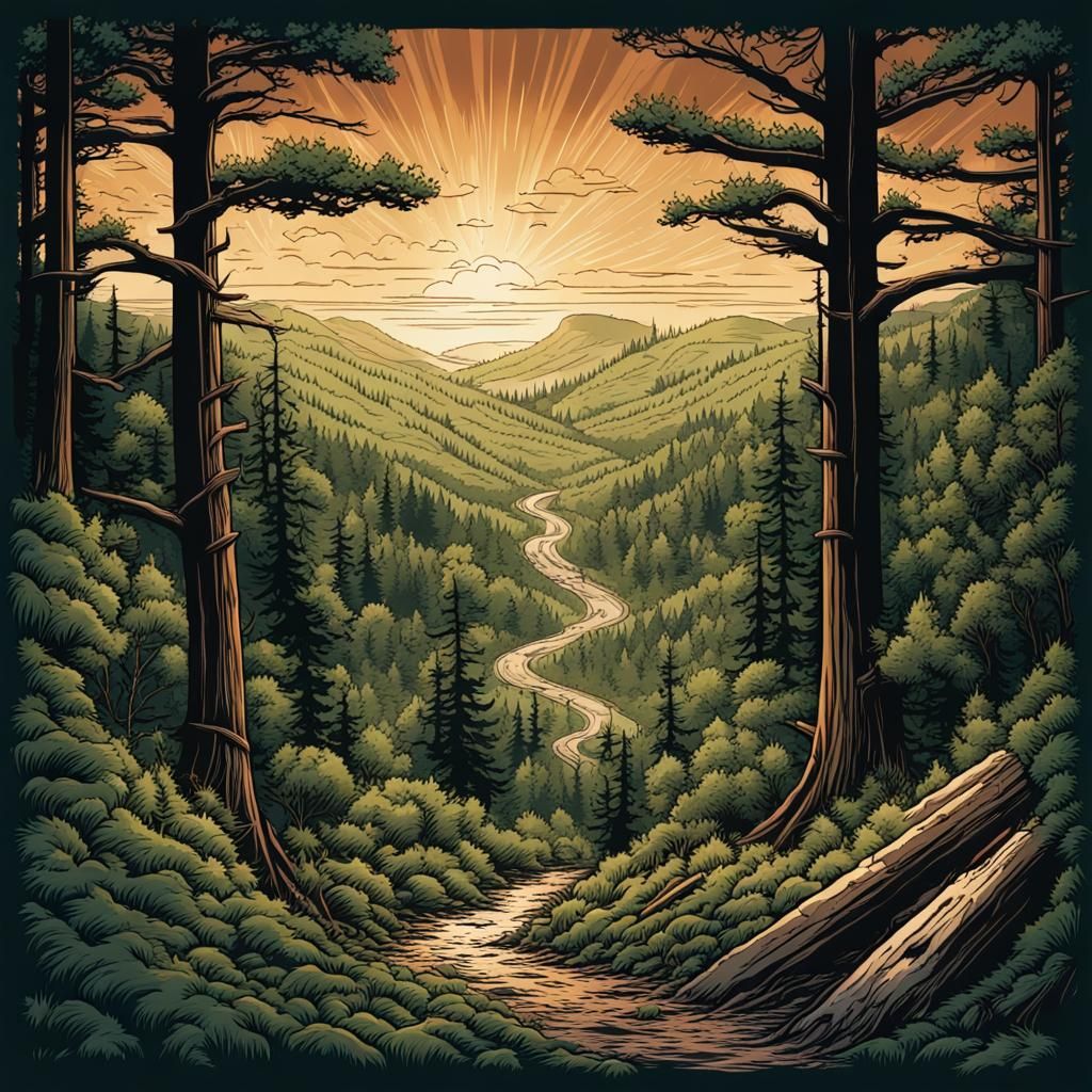 Hiking T-Shirt Vignette Graphic in Comic Book Art