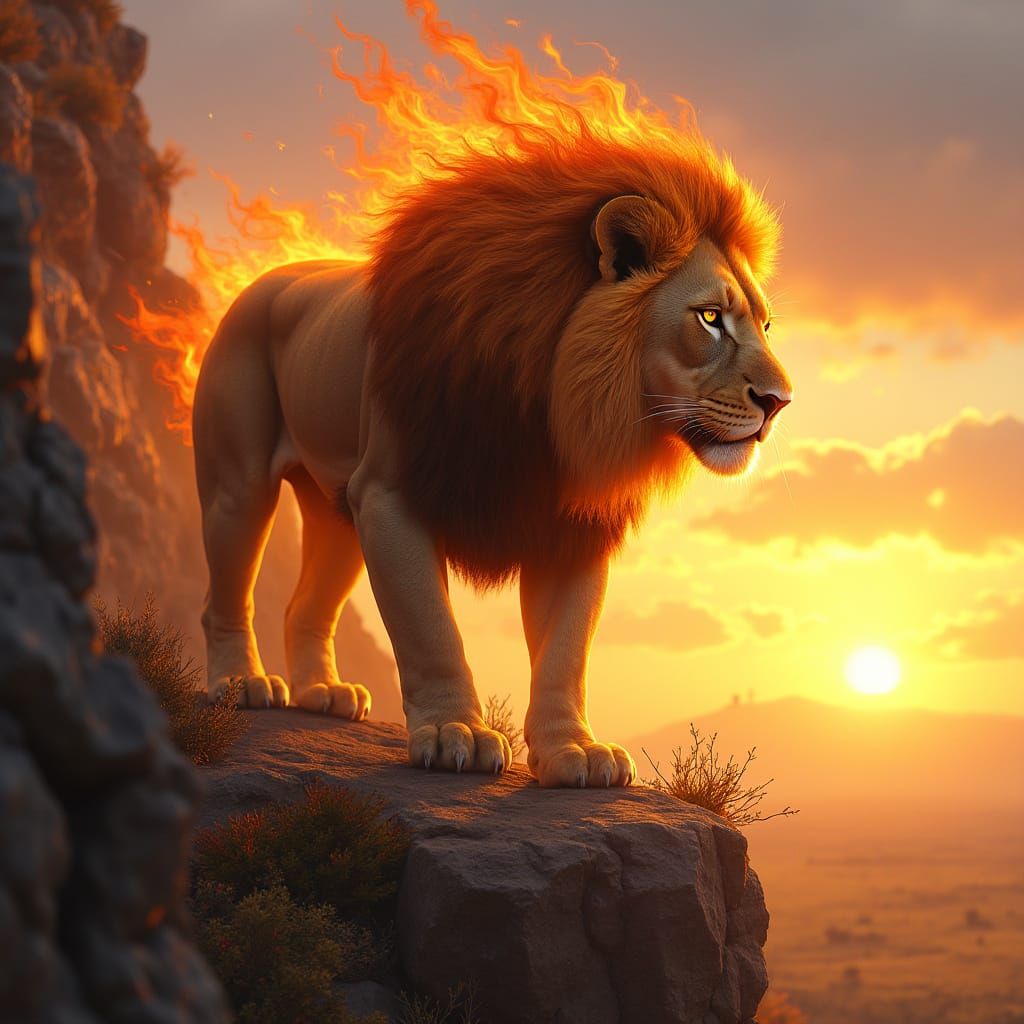 Fiery Lion Overlooking Savanna in Vibrant Digital Art