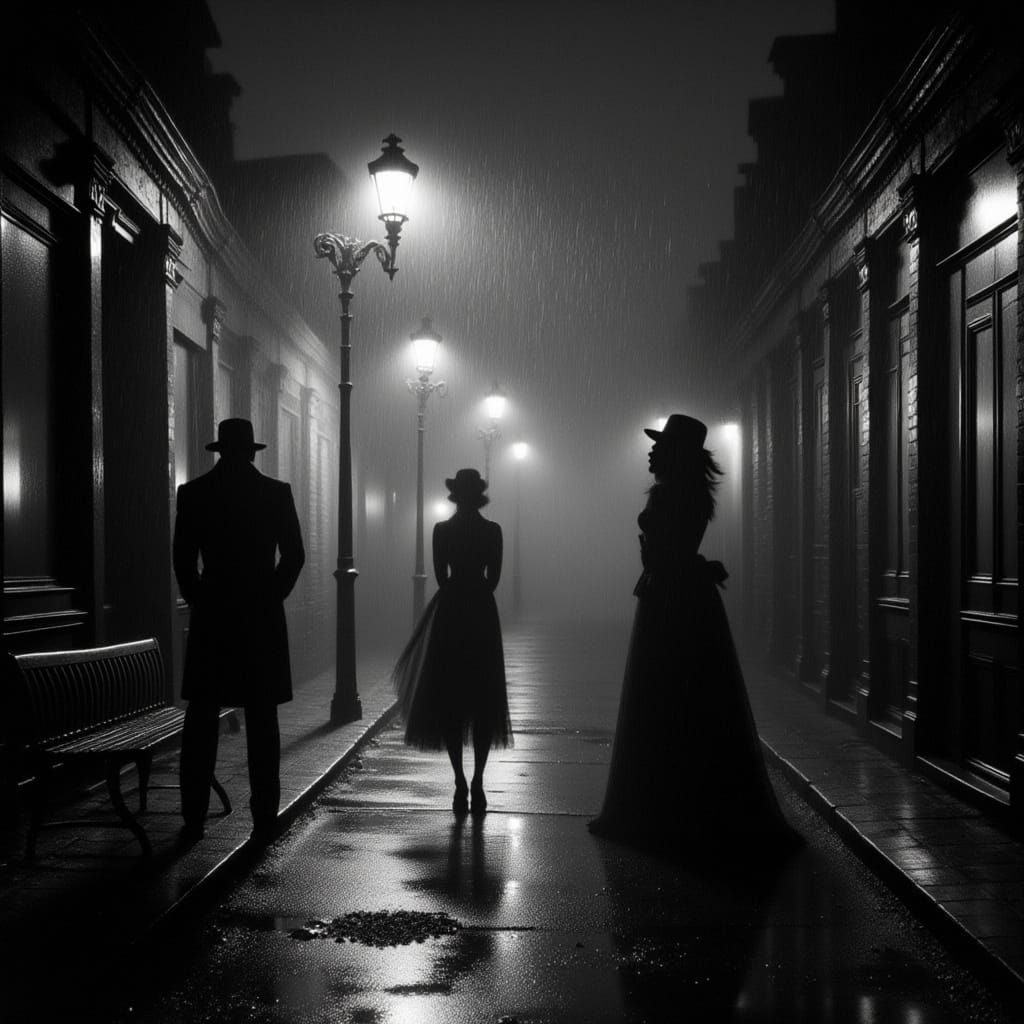 Film Noir Alleyway: Man & Woman in Night Rain