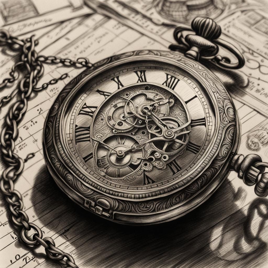 Bronze Pocket Watch: Hyperdetailed Charcoal Drawing