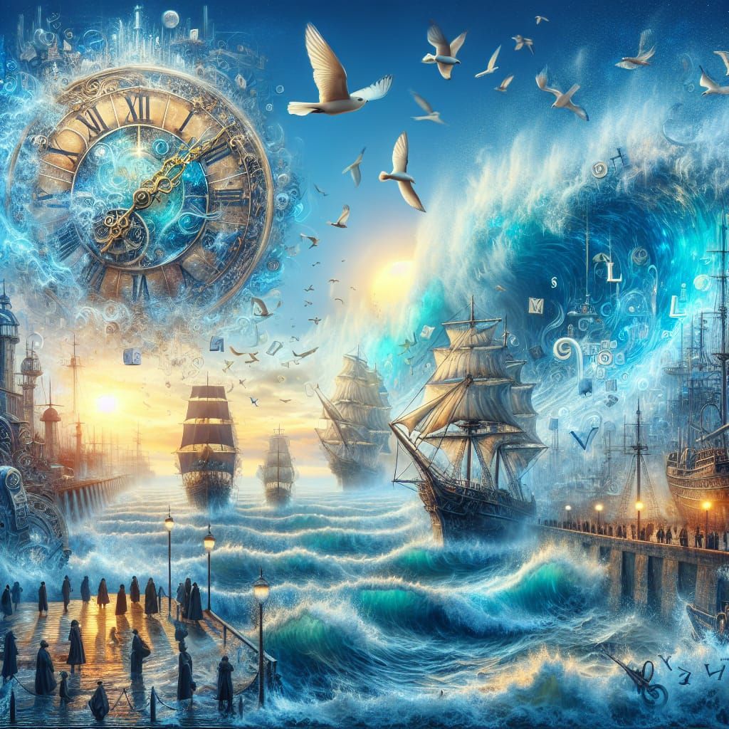 Harbor Scene with Ships, Moon, and Floating Letters