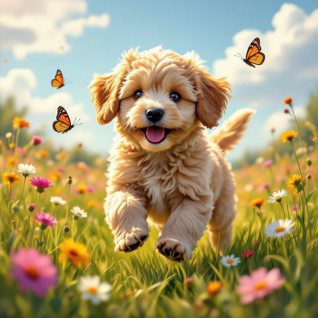 Golden Doodle Puppy in Wildflower Meadow, Hyperrealistic Art