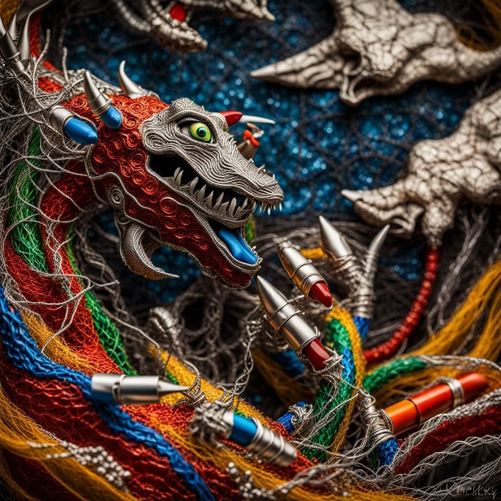 Wire Dragon Sculpture with Iridescent Scales