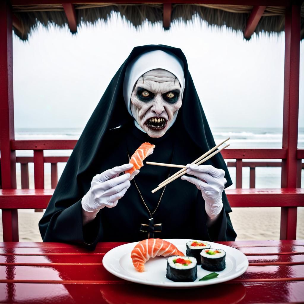 Demonic nun who eats sushi at beach bar
