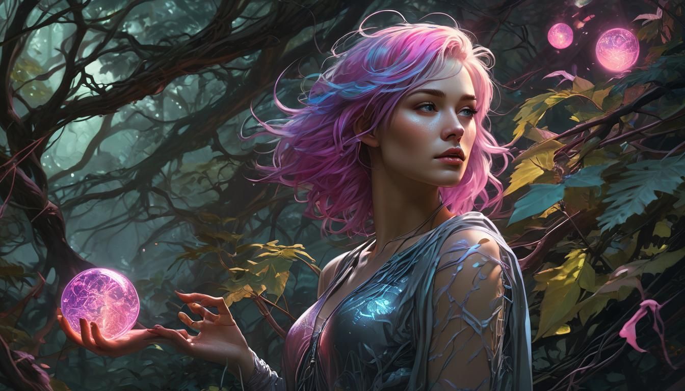 Synthwave Woman with Glowing Orb in Ethereal Forest