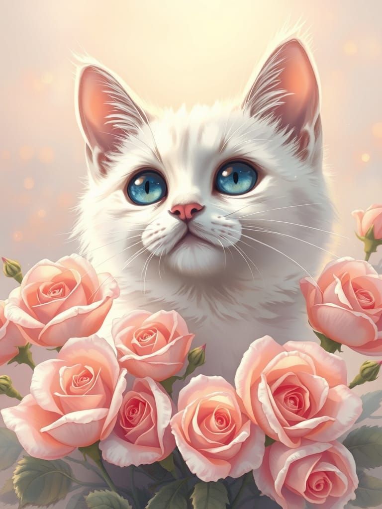 Ethereal White Cat Amidst Blooming Roses in Whimsical, Dream...