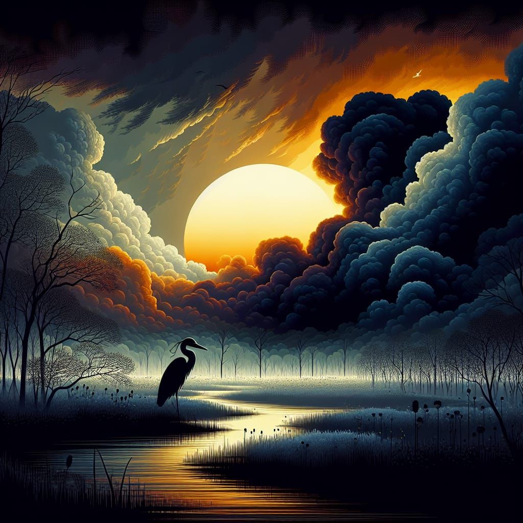 Mystic Sunrise with Secretive Heron in Chiaroscuro Style