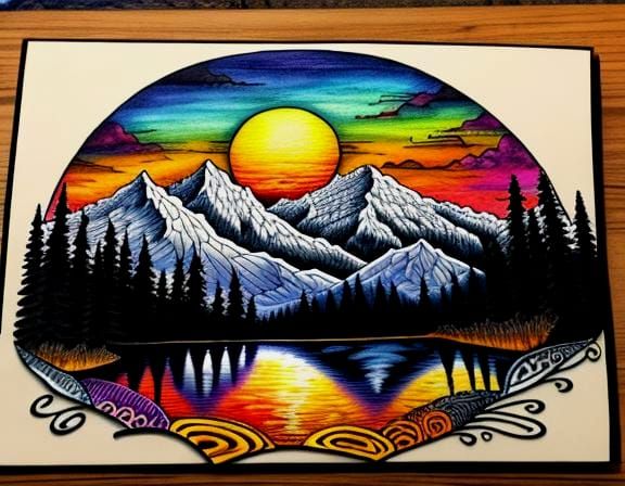 Sunset Cabin in Zentangle Bob Ross Style