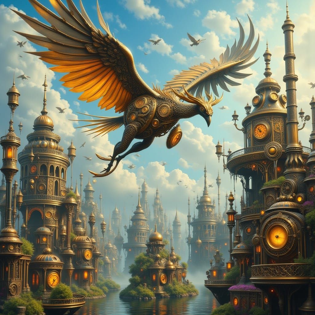 A majestic gryphon with feathers made of polished brass and ...