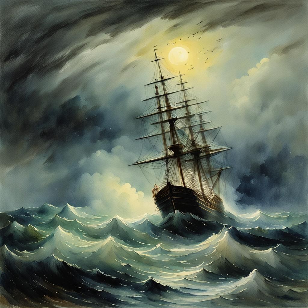 Gloomy Night Storm Sea Ship Watercolor