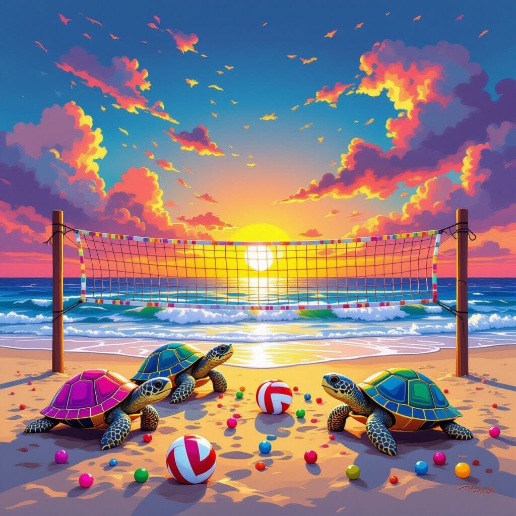 Colorful Beaded Sunset Beach Volleyball in Candy Art Style