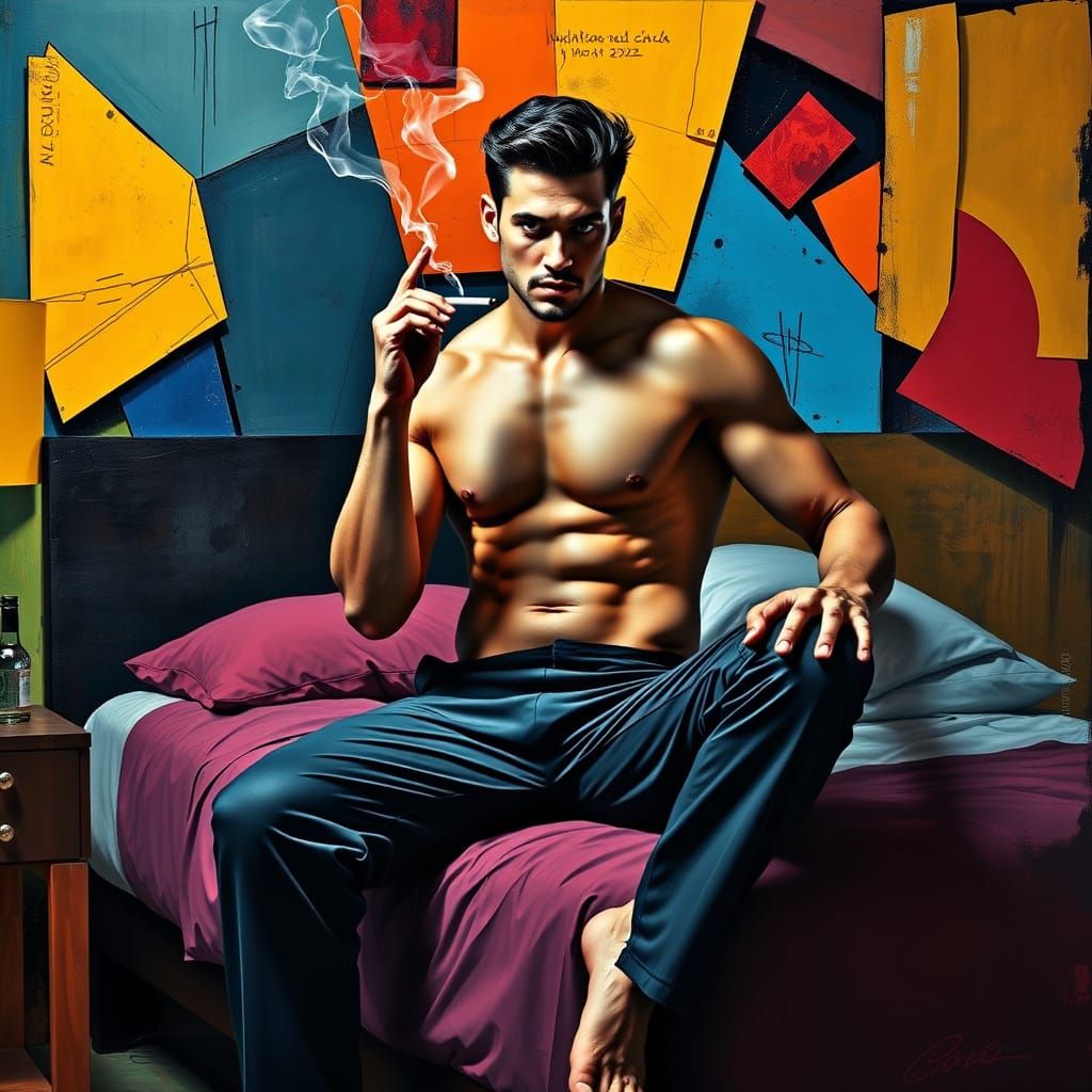 Muscular Pinup in Abstract Cubism Style