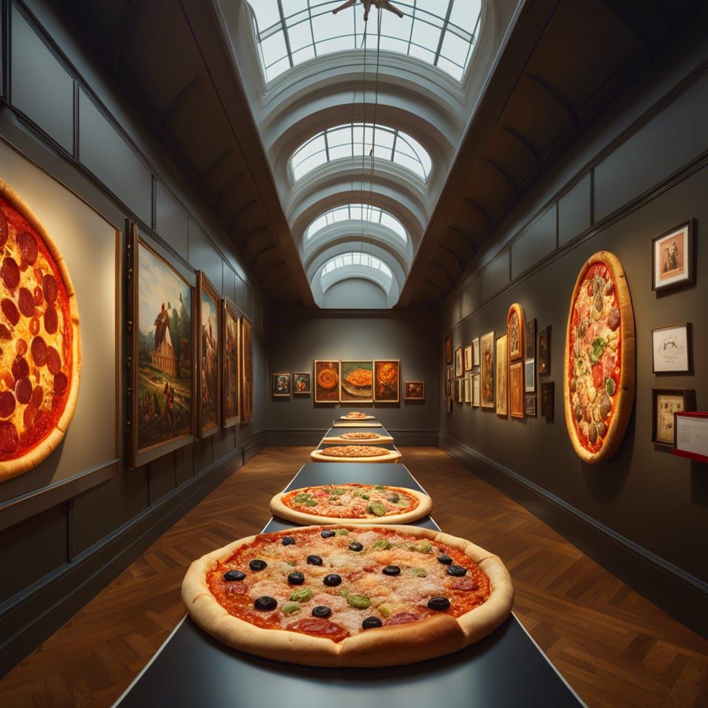 Hyperrealistic Museum of Pizza Slices in Hallway