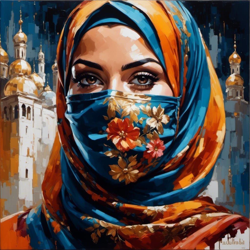 Beautiful Masked Woman Portrait in Oil Gouache Style