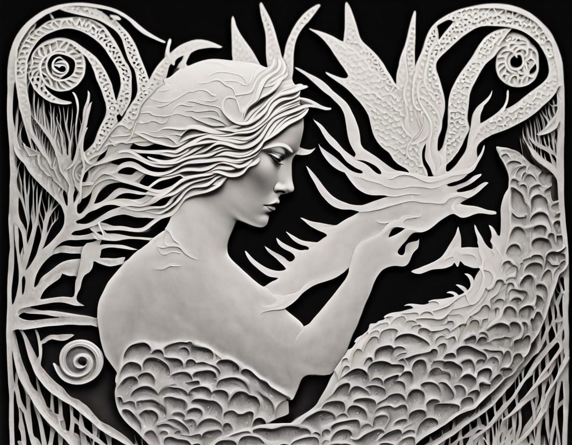 Ethereal Monochromatic Shadow Silhouettes of a Selkie Lady