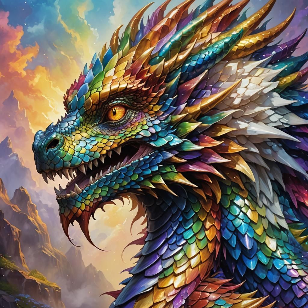 Rainbow Dragon Profile in Vibrant Digital Oil Painting