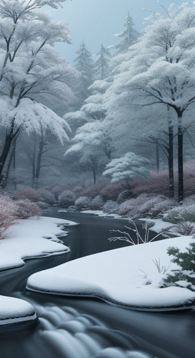 Serene Winter Scene with Snow-Covered Evergreen Trees
