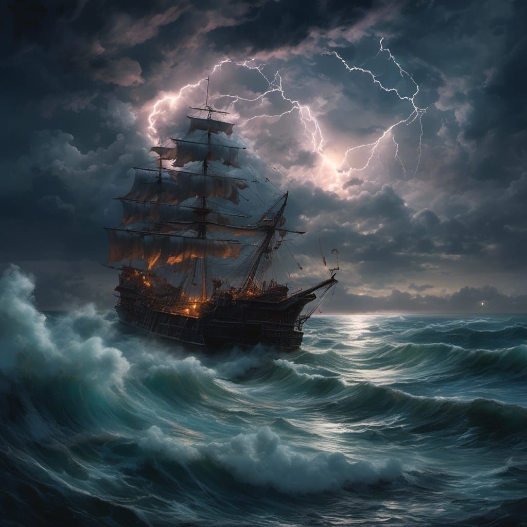 Torrential Ocean Waves at Night in Hyperreal Style