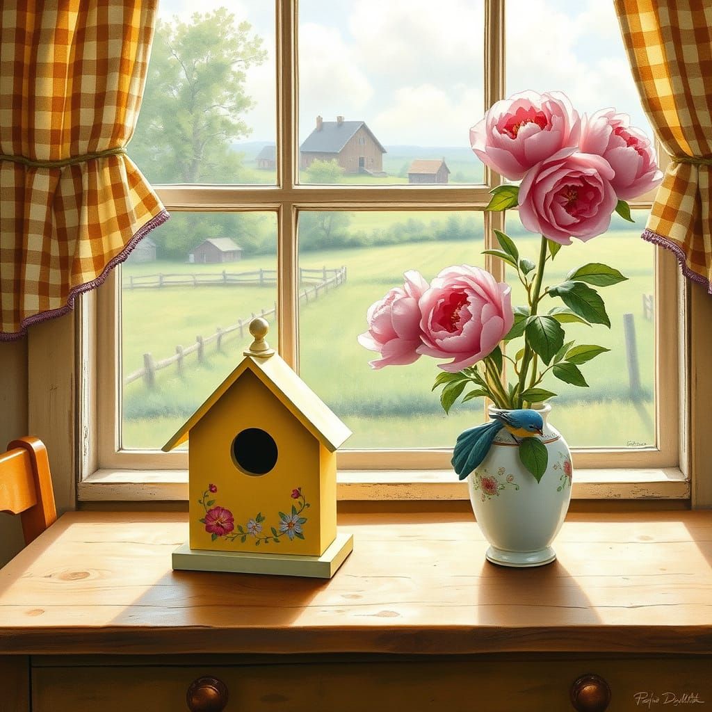 Birdhouse Still Life in Watercolor Style