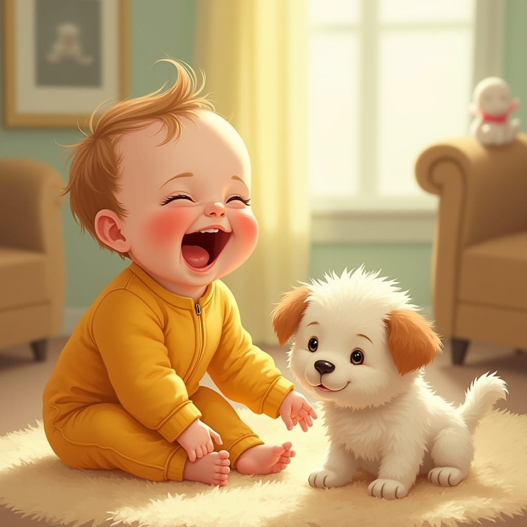 Baby Boy and Puppy in Whimsical Storybook Style