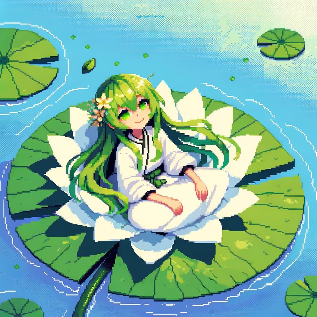 Pixel Art Anime Girl on a Lily Pad in a Tranquil Stream Scen...