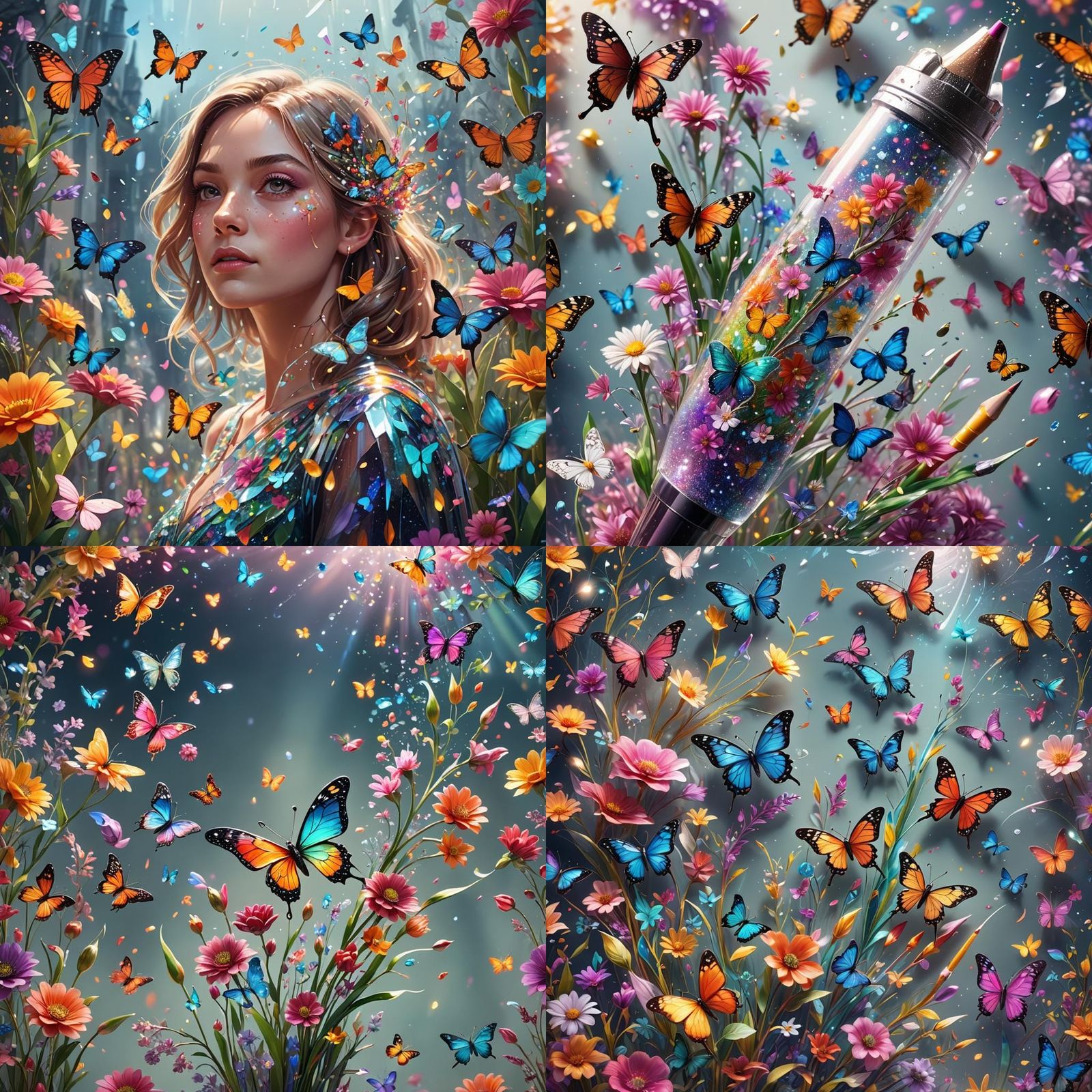 Magical Glass Pencil Blooms with Flowers: 3D Render