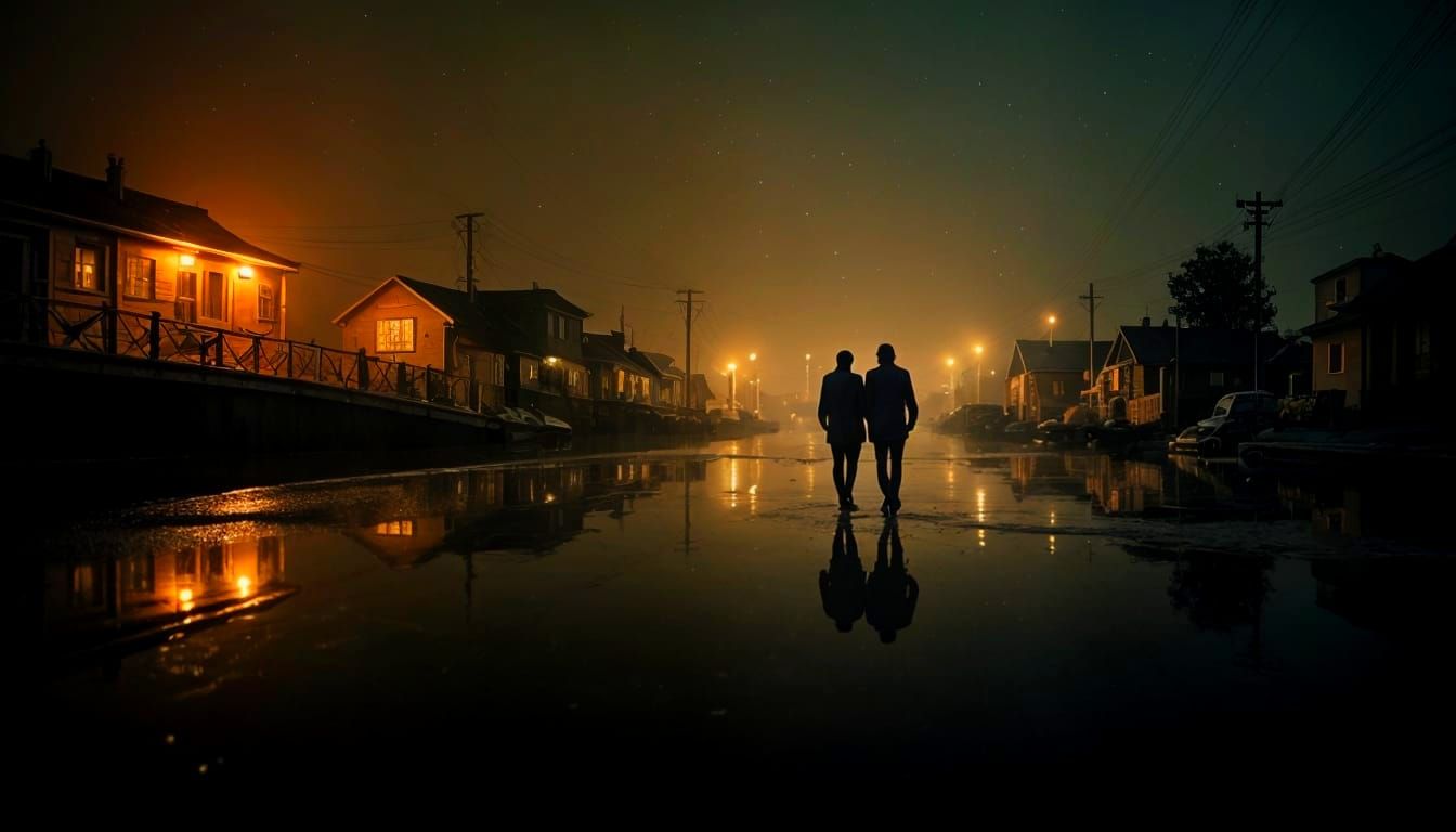 Gritty Nightscape of Couple by Water: Moody Realism