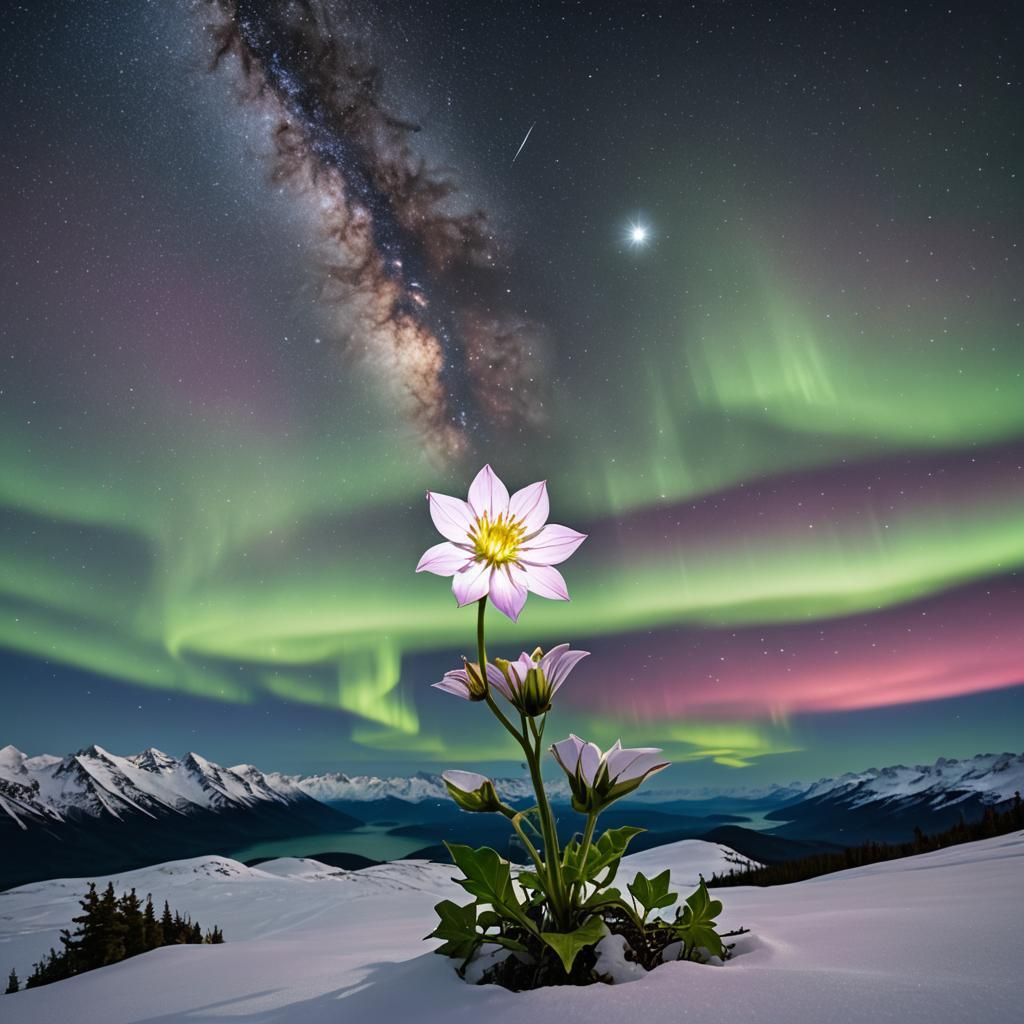 Cosmic Moonflower Under Aurora Borealis