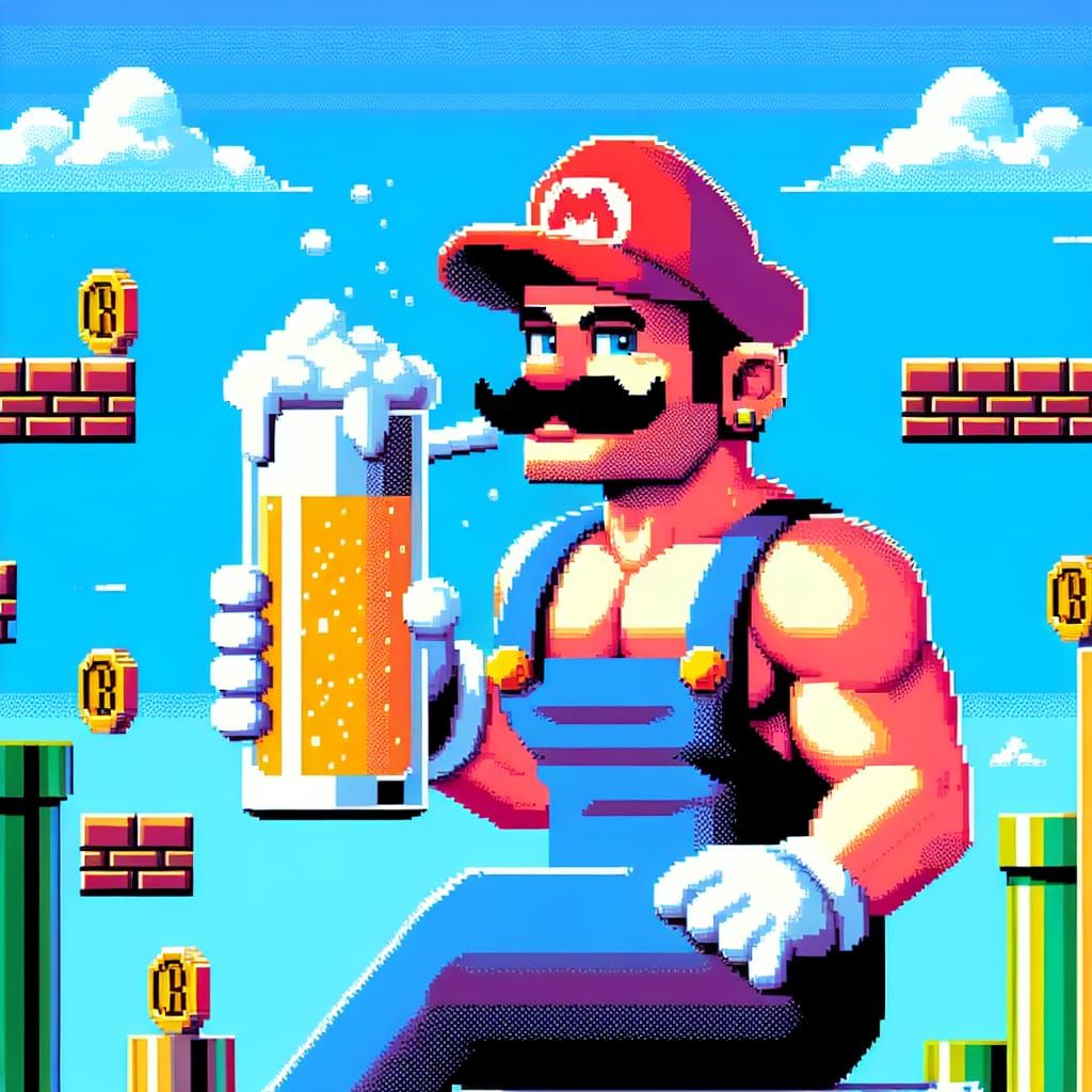 8 bit scene of Mario drinking a beer.