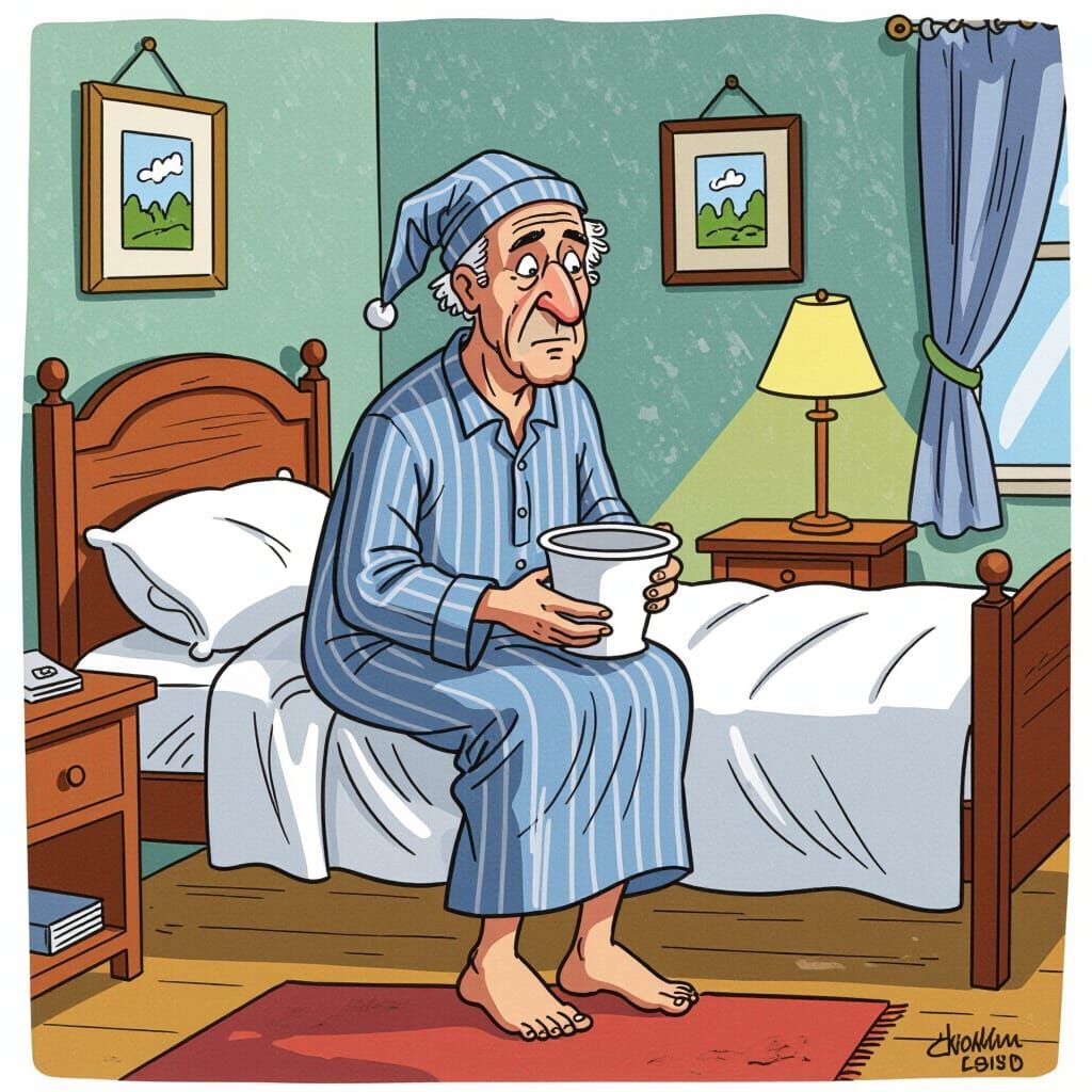 Humorous Cartoon of Elderly Man with Chamber Pot