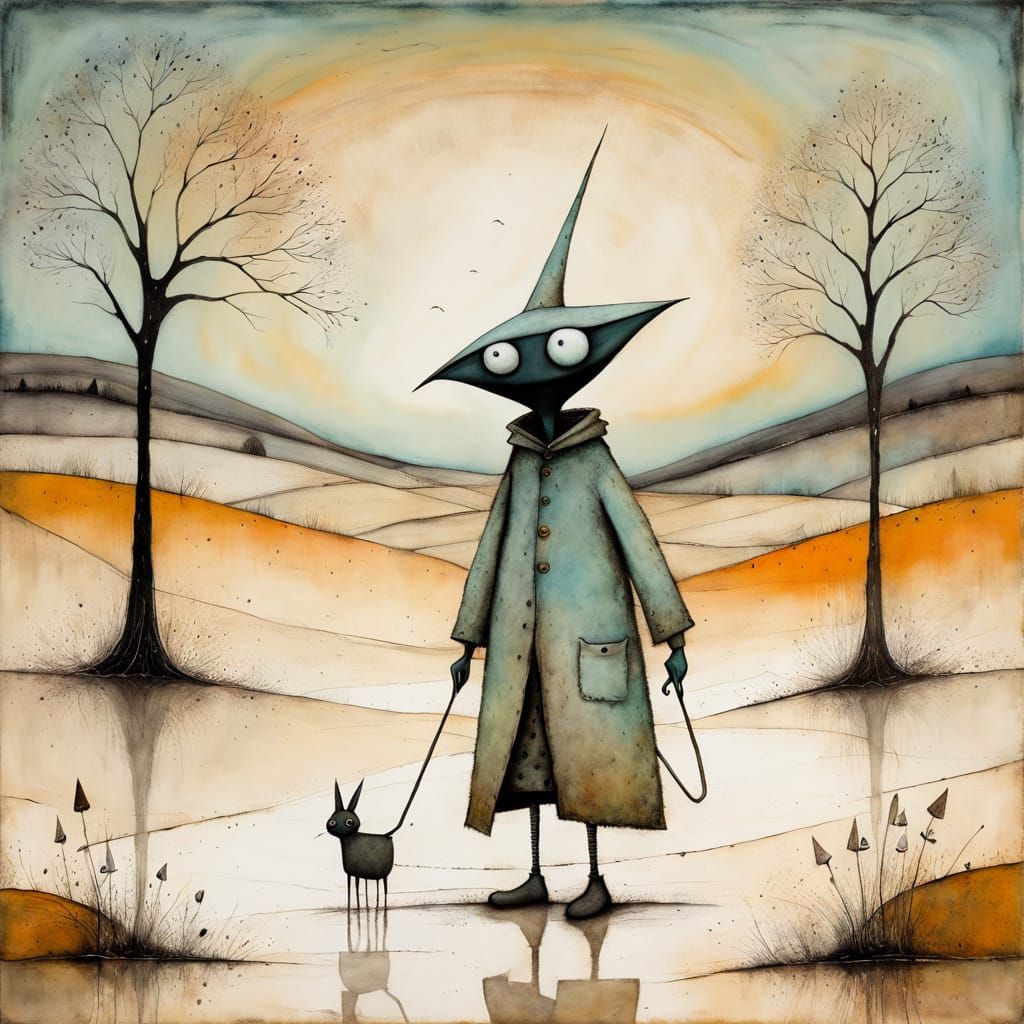 Whimsical Wanderer in Dreamlike Landscape