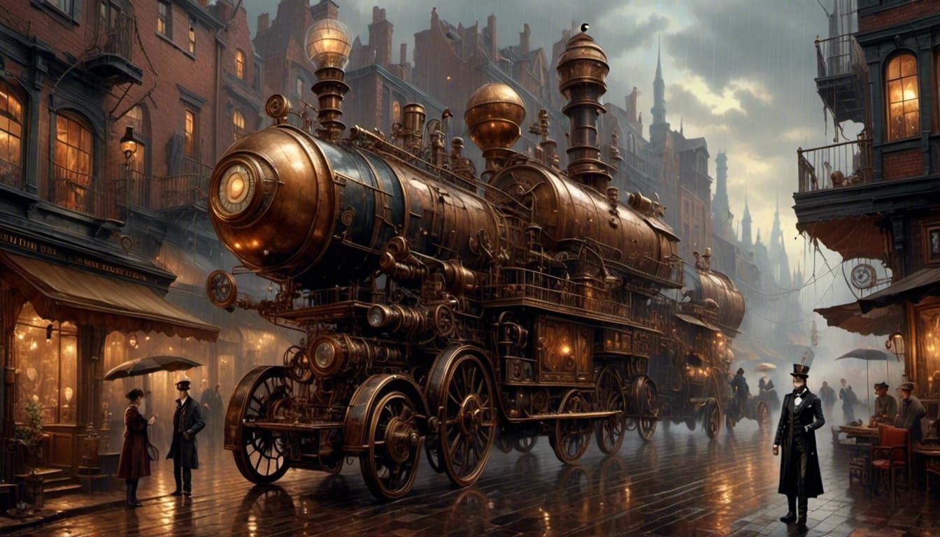 Steampunk Figure in the Rain: Mechanical World