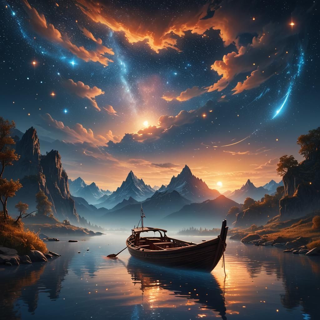 Serene Boat on Starry River: Digital Matte Painting