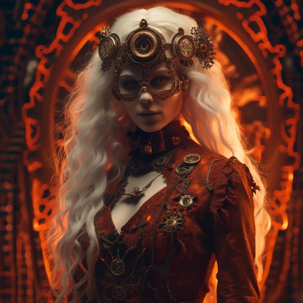 Woman Embraces Ash Figure in Steampunk Style