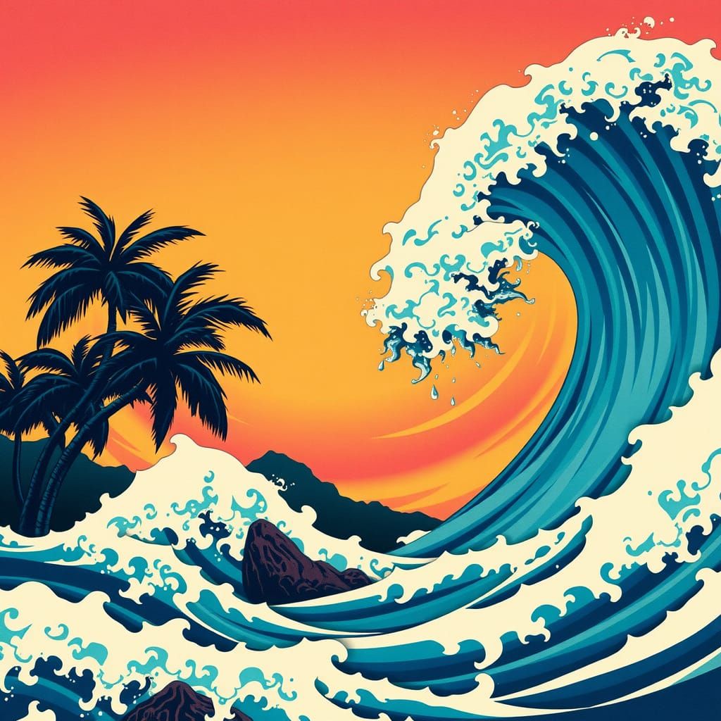 Tropical Wave Woodblock Print in Ukiyo-e Style