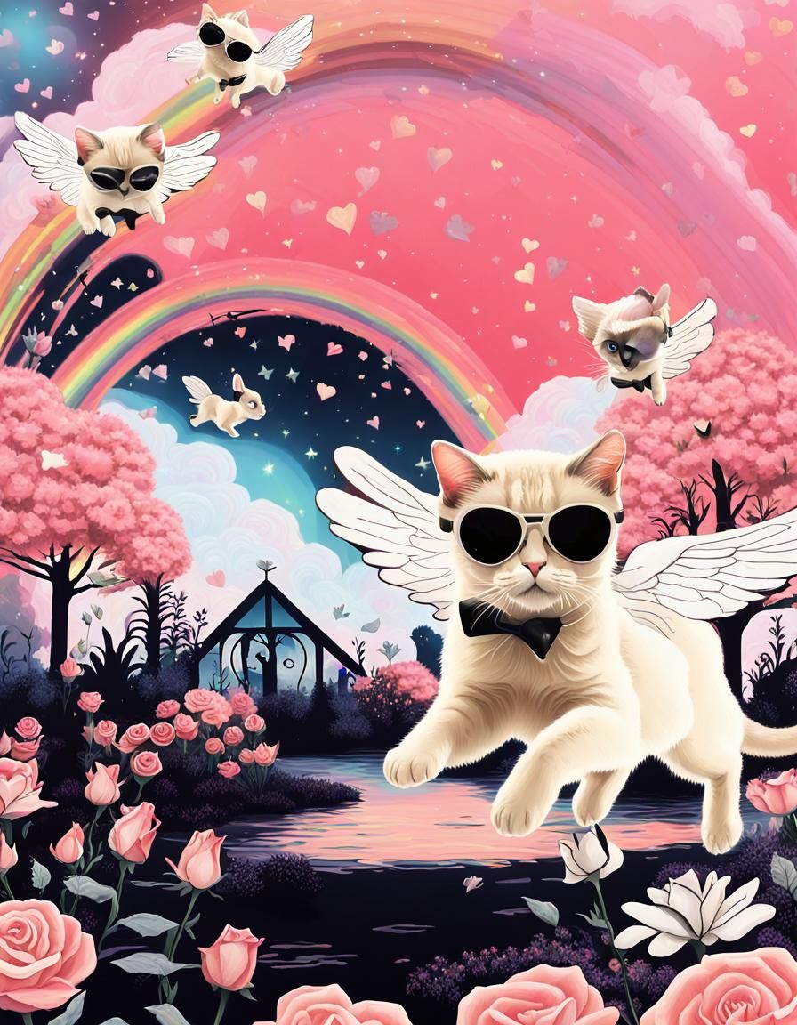 Psychedelic Cat with Angel Wings in Alien Garden