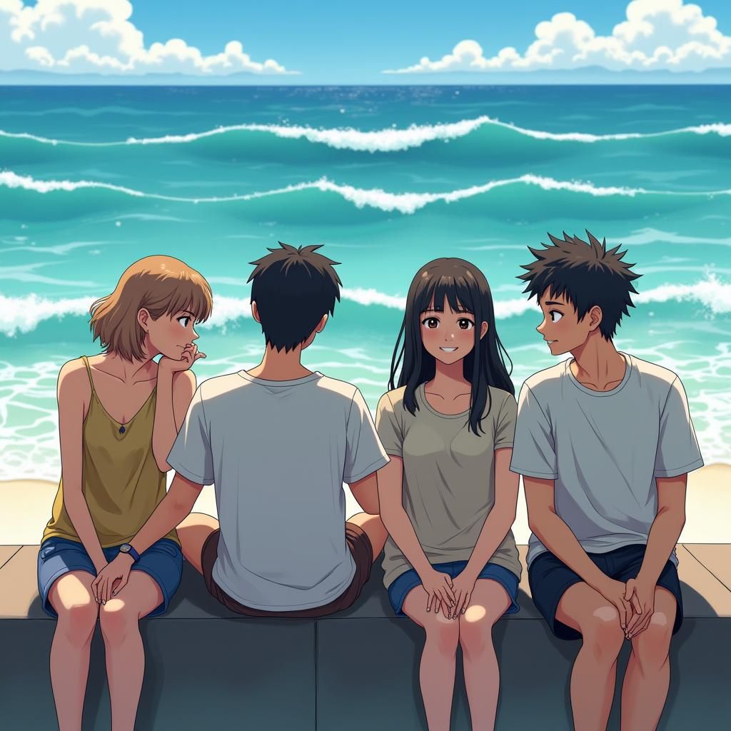 People on Bench Seaside Cel-Shaded Anime