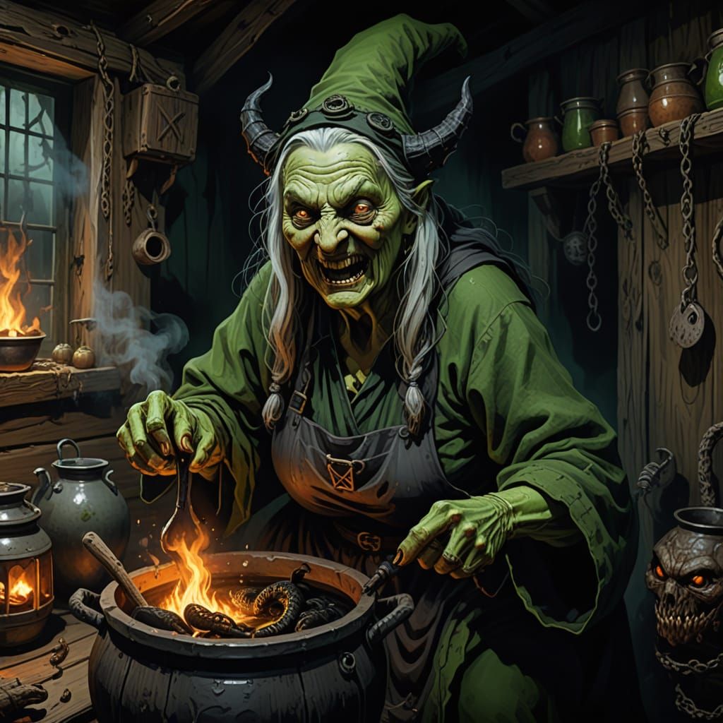 Grotesque Witch Brews Dark Magic in a Crumbling Russian Hut