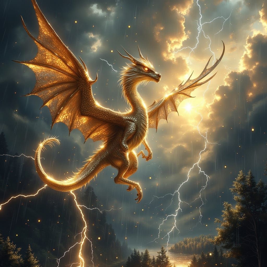 Majestic Dragon Soaring Through Stormy Sky