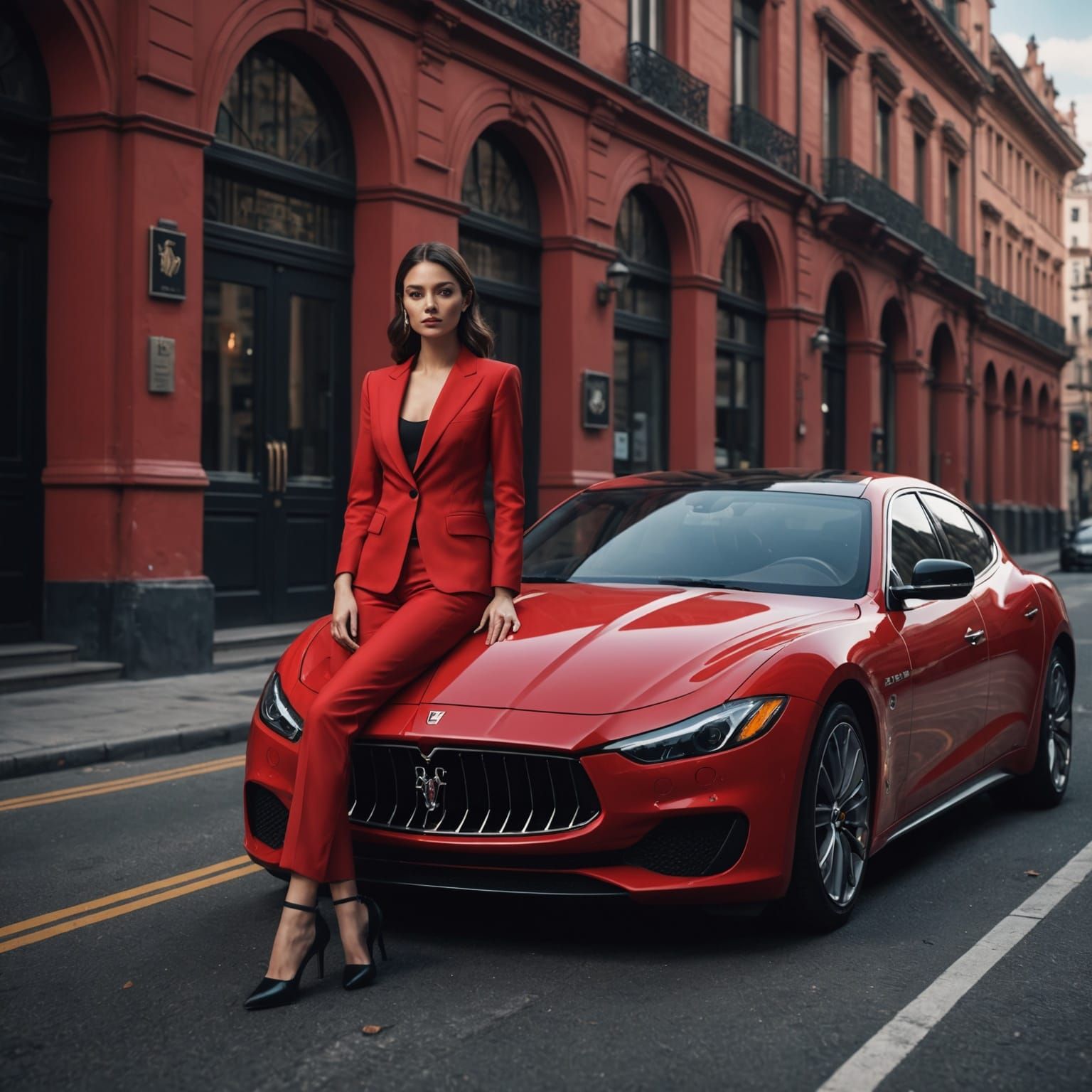 Woman in Armani Suit Next to Maserati