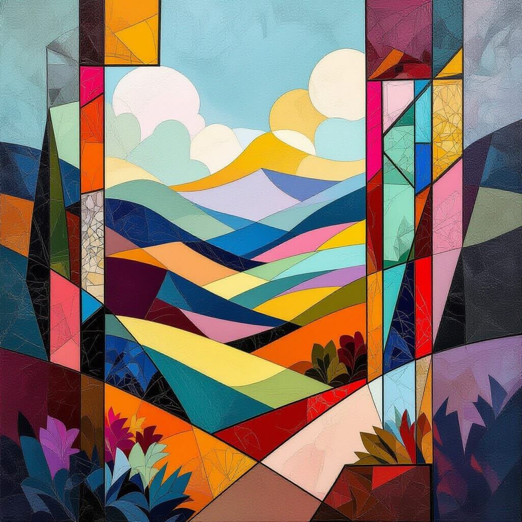 Geometric Landscape in Cubist Art Deco Stained Glass Style