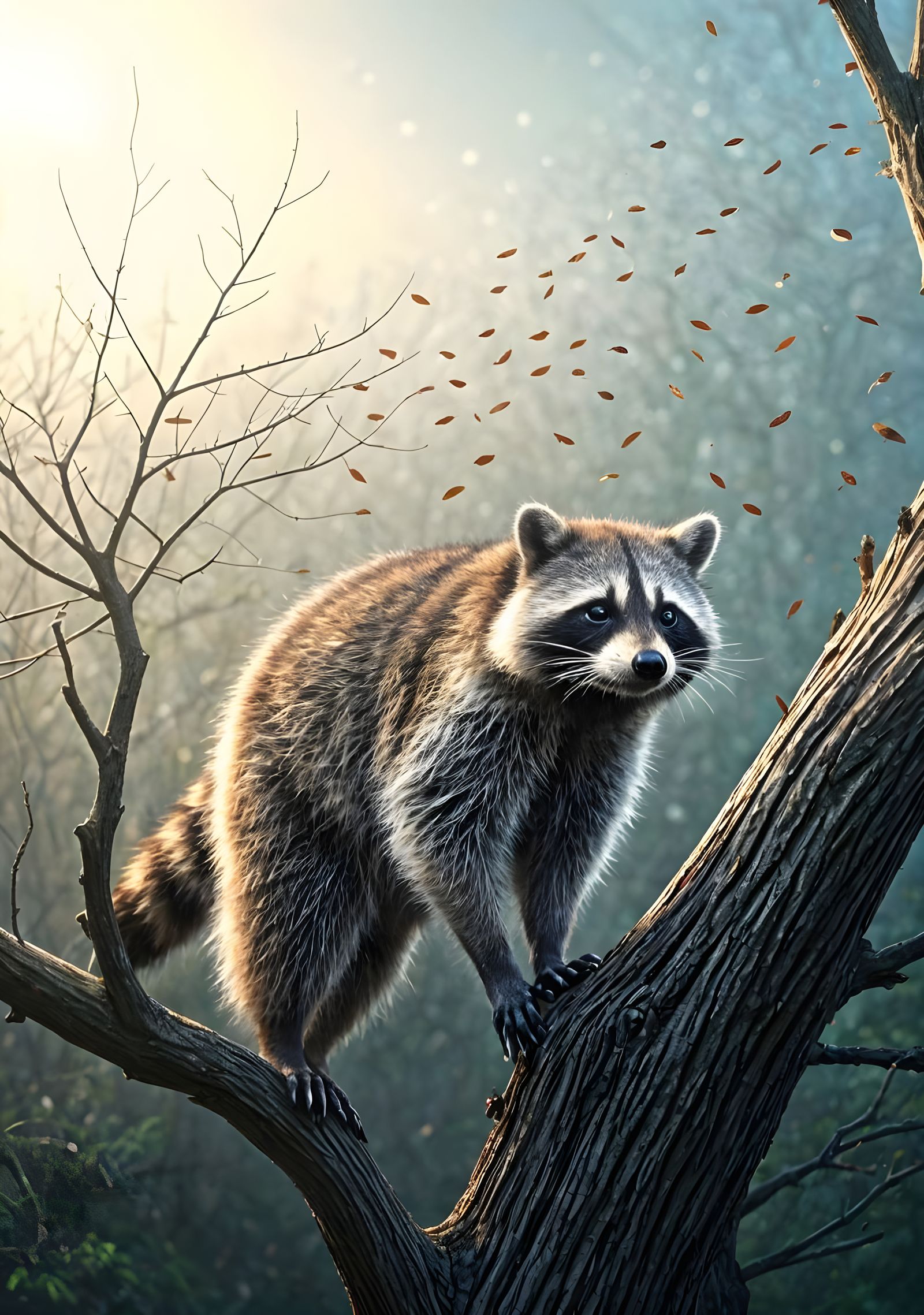 Raccoon Watches Swarm Ascend to Bare Tree