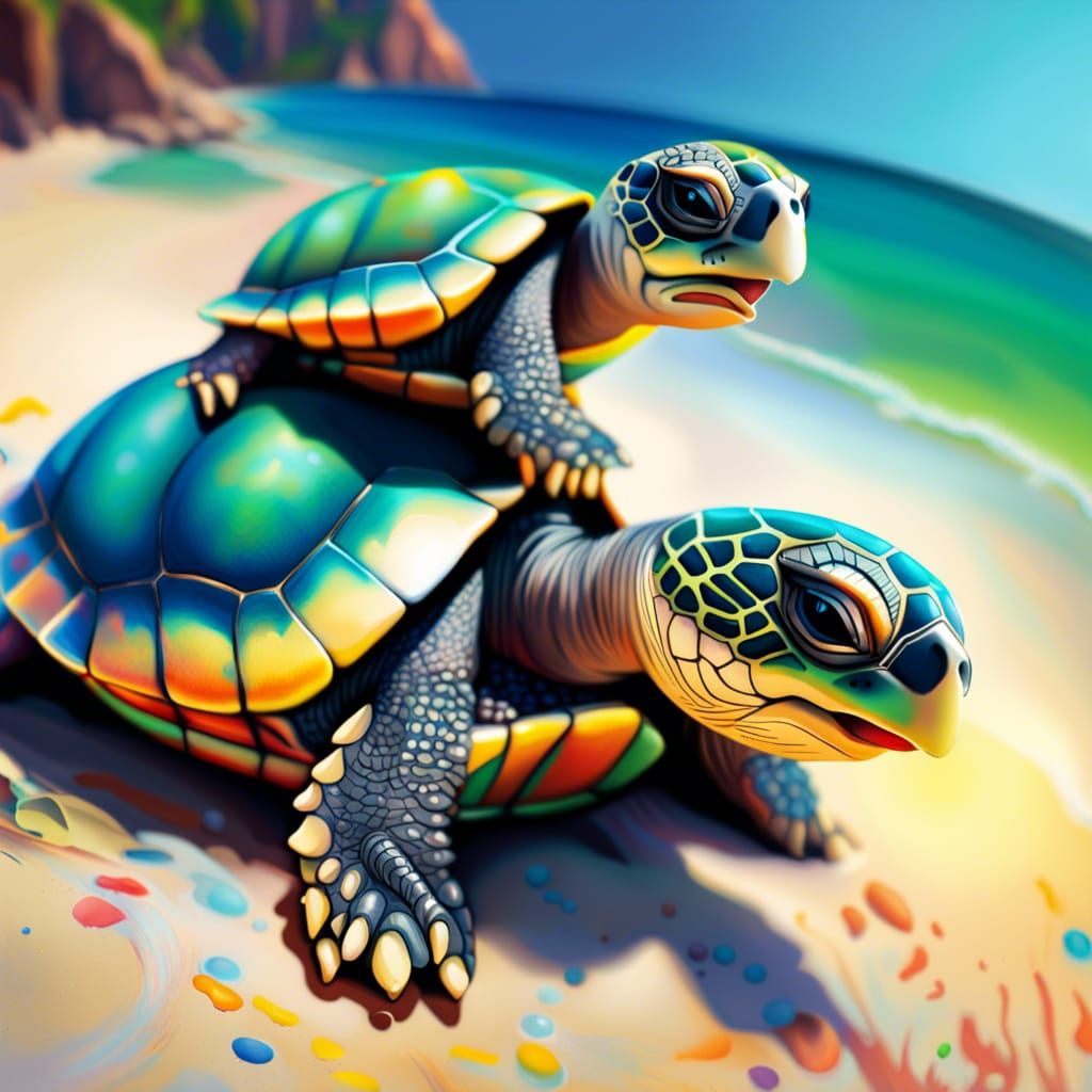 Baby Turtles Hatching: Hyperrealistic Splash Art