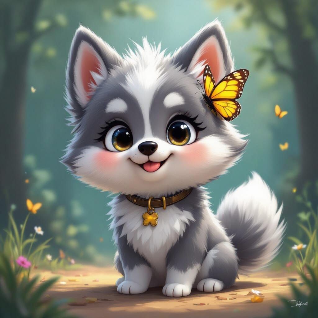 Funny Chibi-Husky with Butterfly: Pixar-Inspired Digital Art