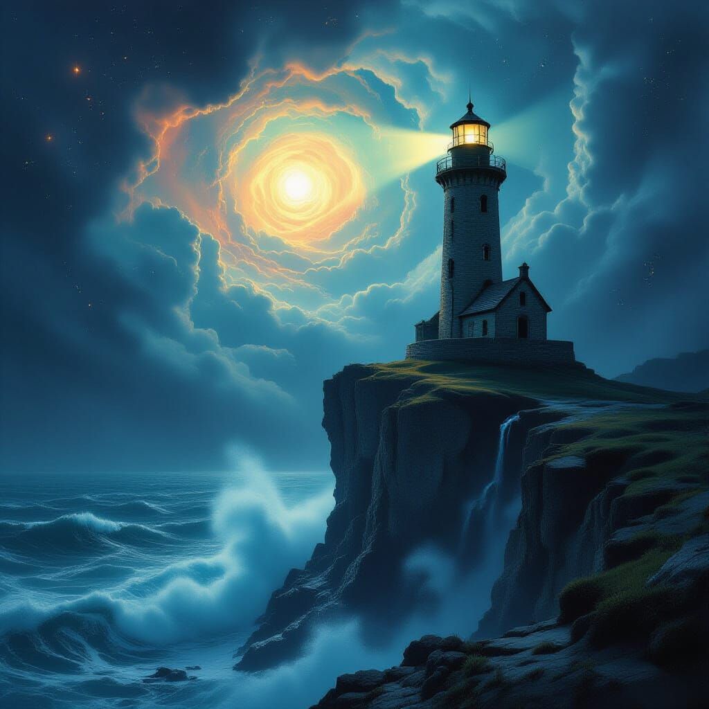 Ancient Lighthouse in Cosmic Storm, Gothic Surreal Style