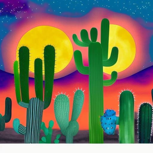 Watercolor Cactus Collage at Sunset, Astral Illustration