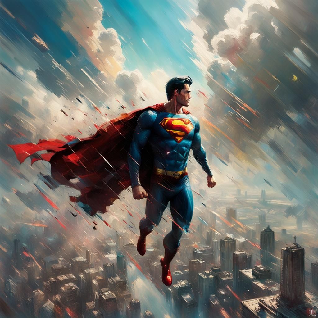 Superman Flying Among Clouds: Detailed Matte Painting