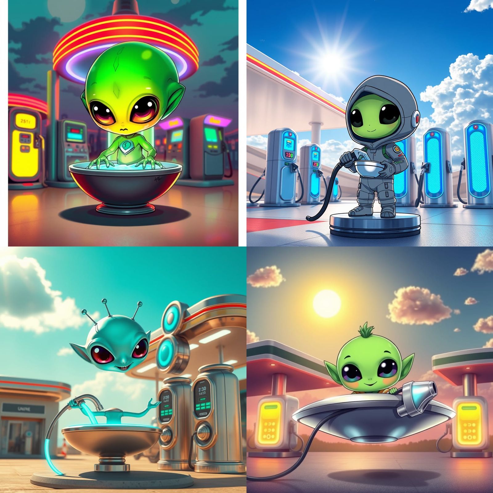 High-Tech Gas Station with Chibi Alien
