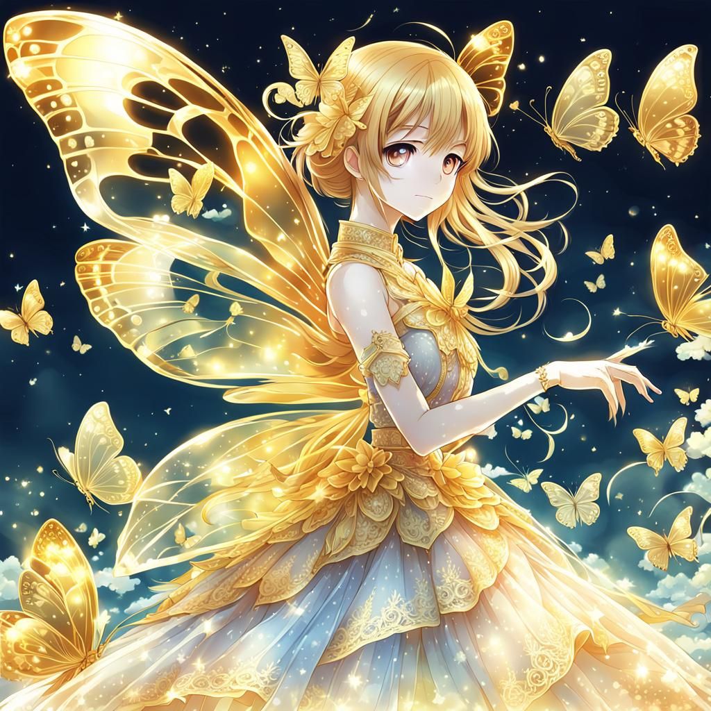 Translucent Golden Butterfly in Anime Style